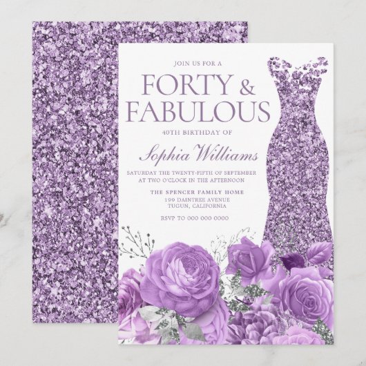 Invitation Purple Lavender Gown Floral 40e fête d'anniversair (Devant / Derrière)