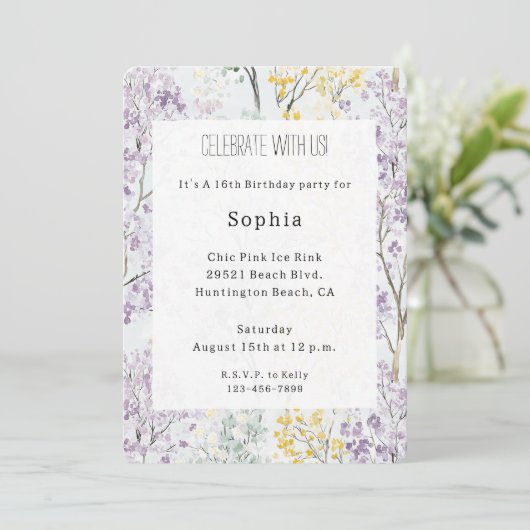 Invitation Purple Lavender Green Yellow Floral Birthday (Debout devant)