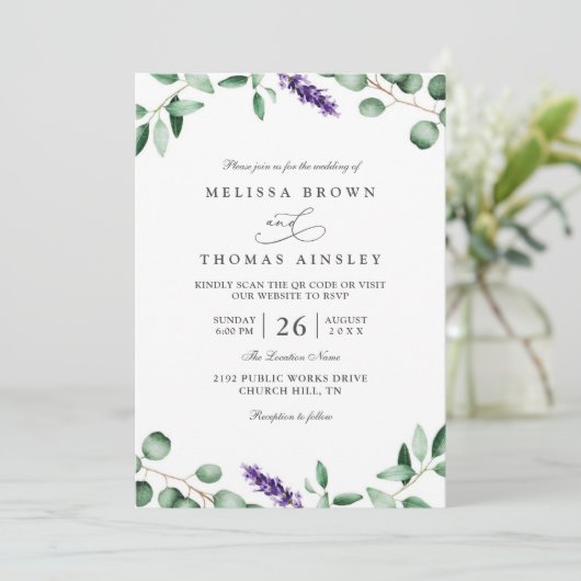 Invitation Purple Lavender Greenery Rustic QR Code Wedding (Debout devant)