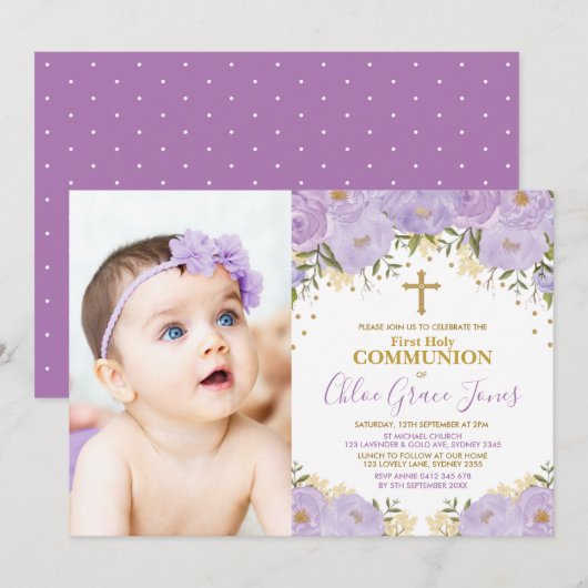 Invitation Purple Lavender Or Floral Première Communion Saint (Devant / Derrière)