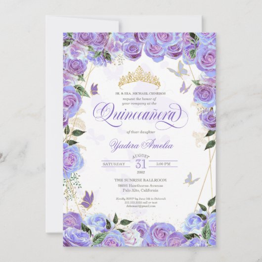 Invitation Purple Lavender Rose Élégant Papillon Quinceanera (Devant)