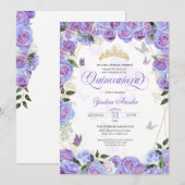Invitation Purple Lavender Rose Élégant Papillon Quinceanera (Devant / Derrière)