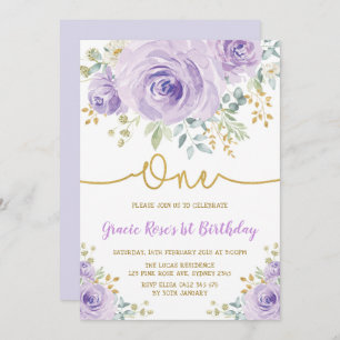 Invitation Purple Lavender Rose Fille 1er anniversaire fête