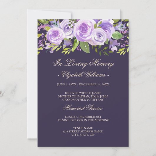 Invitation Purple Lavender Rose Floral Memorial Service (Devant)