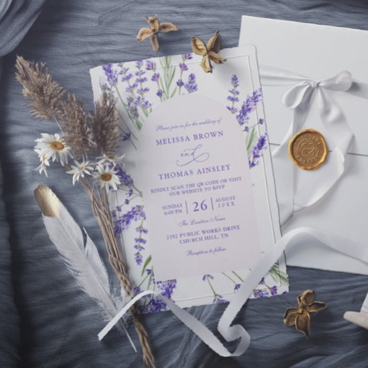 Invitation Purple Lavender Rustic Budget QR Code Wedding