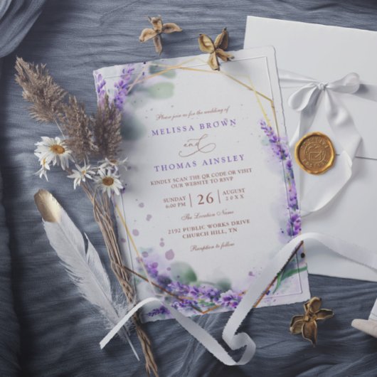 Invitation Purple Lavender Rustic Floral QR Code Wedding