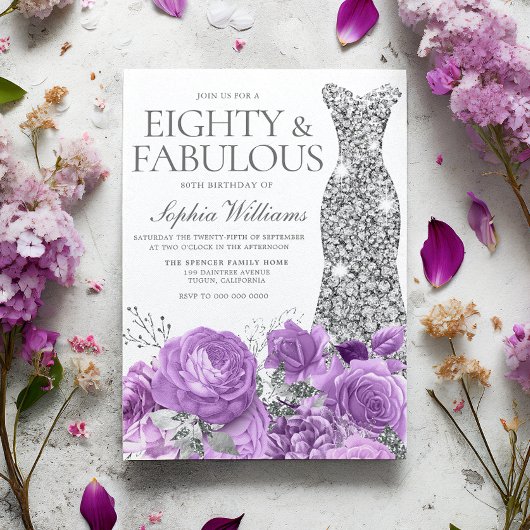 Invitation Purple Lavender & Silver 80e fête d'anniversaire