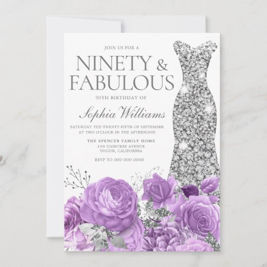 Invitation Purple Lavender & Silver 90e fête d'anniversaire (Devant)
