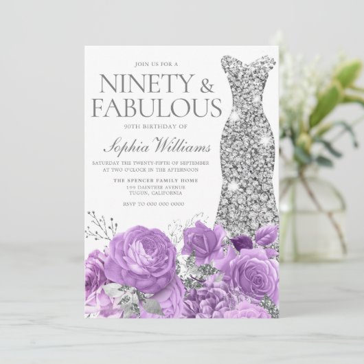 Invitation Purple Lavender & Silver 90e fête d'anniversaire (Debout devant)