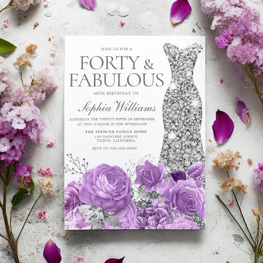 Invitation Purple Lavender & Silver Gown fête de 40e annivers