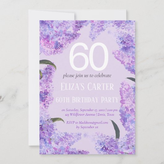 Invitation Purple Lilac 60ème Floral Elégant Anniversaire (Devant)