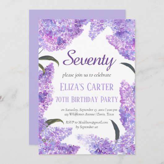 Invitation Purple Lilac 70ème Soixante-Dix Floral Elégant Ann (Devant / Derrière)