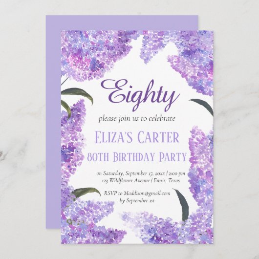 Invitation Purple Lilac 80ème Soixante-Dix Floral Elégant Ann (Devant / Derrière)