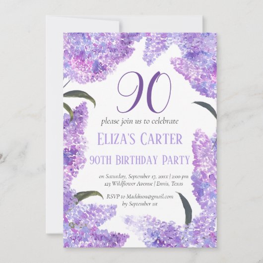 Invitation Purple Lilac 90ème Floral Elégant Anniversaire (Devant)