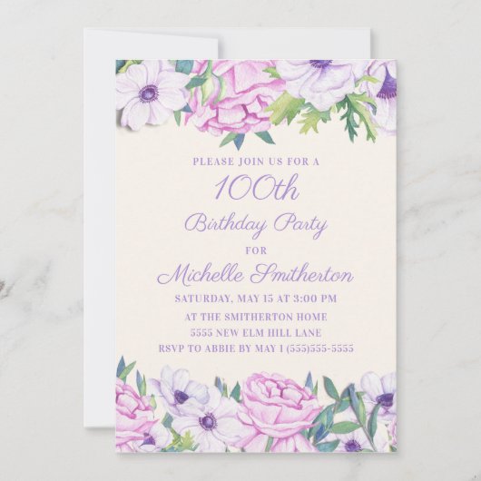 Invitation Purple Lilac Fleurs 100e anniversaire (Devant)