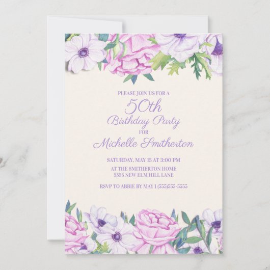 Invitation Purple Lilac Fleurs 50e fête d'anniversaire (Devant)