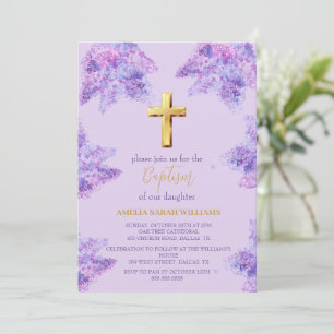 Invitation Purple Lilac Floral Gold Cross Girl Baptême
