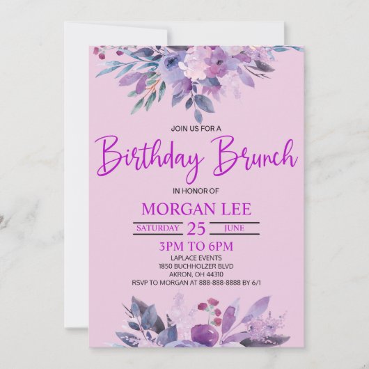 Invitation Purple Lilac Lavender Violet Anniversaire Brunch d (Devant)