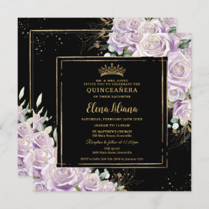 Invitation Purple Lilac Rose Floral Gold Quinceanera Sweet 16