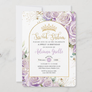 Invitation Purple Lilac Rose Floral Gold Sweet 16 Anniversair