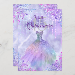 Invitation Purple Lilac Silver Pearl Gown Quinceanera Parti