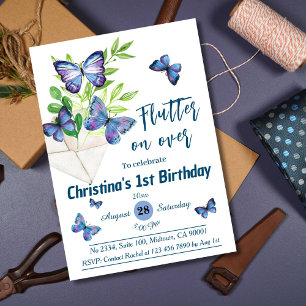 Invitation Purple lilas & papillon bleu thème 1er anniversair