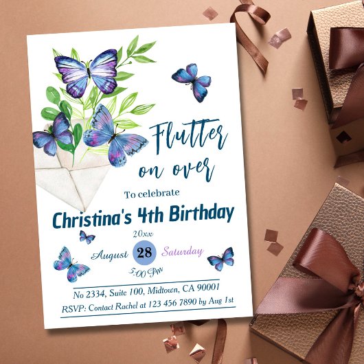 Invitation Purple lilas & papillon bleu thème 4e anniversaire