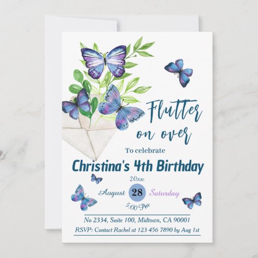 Invitation Purple lilas & papillon bleu thème 4e anniversaire (Devant)