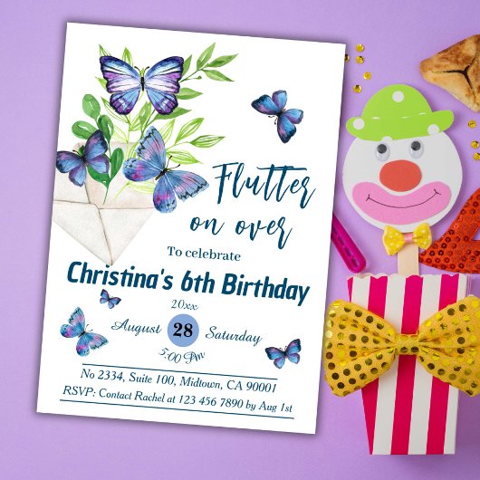 Invitation Purple lilas & papillon bleu thème 6e anniversaire
