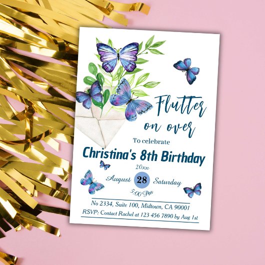 Invitation Purple lilas & papillon bleu thème 8e anniversaire