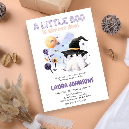 Invitation Purple Little Boo Ghost Witch Baby Shower