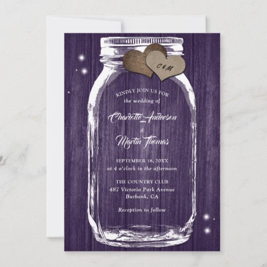 Invitation Purple Mason Coeurs jarres Grange Mariage en bois (Devant)
