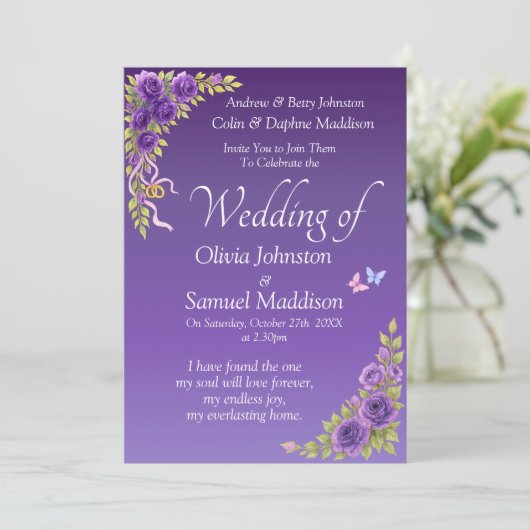 Invitation Purple Mauve Fleurs Mariage Suite (Debout devant)