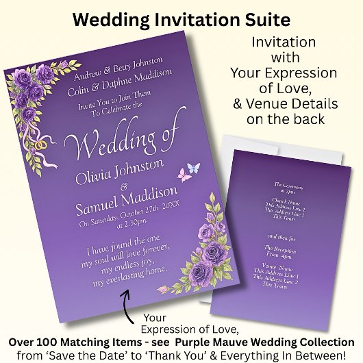 Invitation Purple Mauve Flowers Wedding Suite Kaart