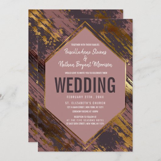 Invitation Purple Mauve Gold Brushstrokies Mariage moderne (Devant / Derrière)