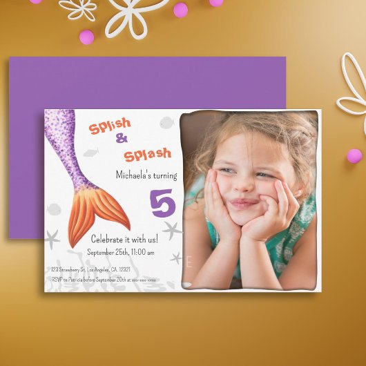 Invitation Purple Mermaid Tail Splash Summer Girl Anniversair