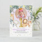 Invitation Purple mignon animaux Fille photo de premier anniv (Debout devant)