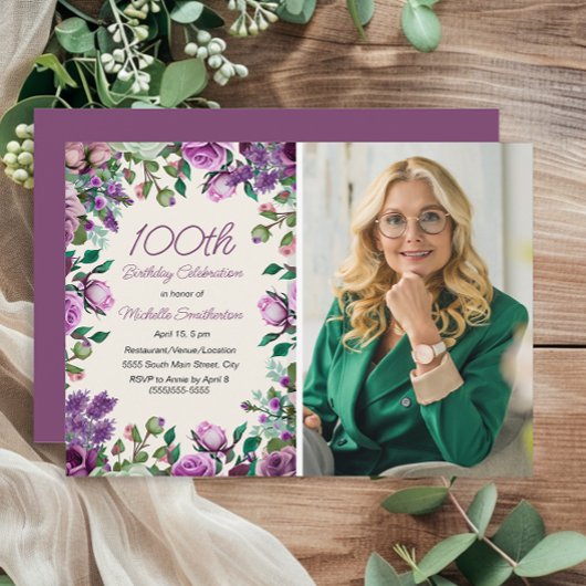 Invitation Purple Mint Green Floral 100e anniversaire Photo