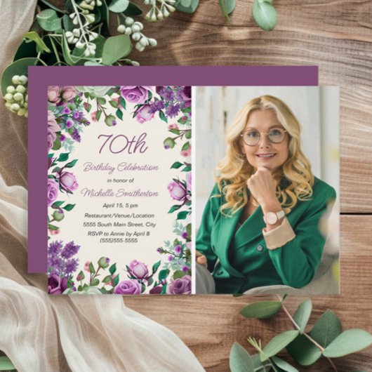 Invitation Purple Mint Green Floral 70e anniversaire Photo