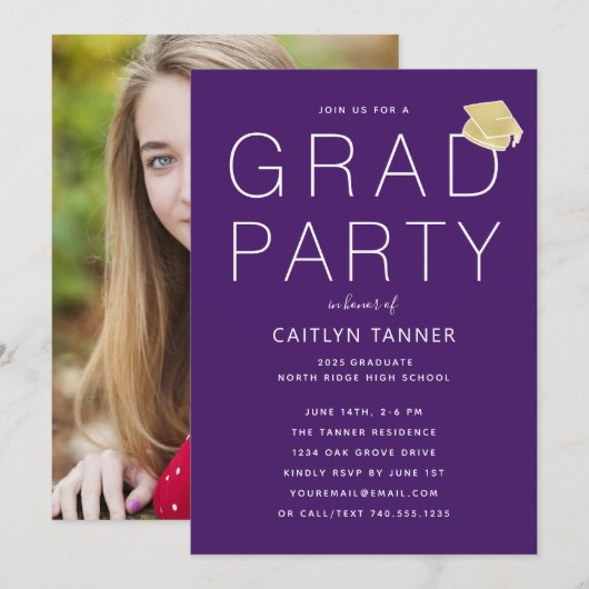 Invitation Purple Modern Simple Photo Graduation Party (Devant / Derrière)