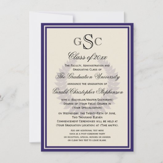 Invitation Purple Monogram Laurel Classic College Graduation (Devant)