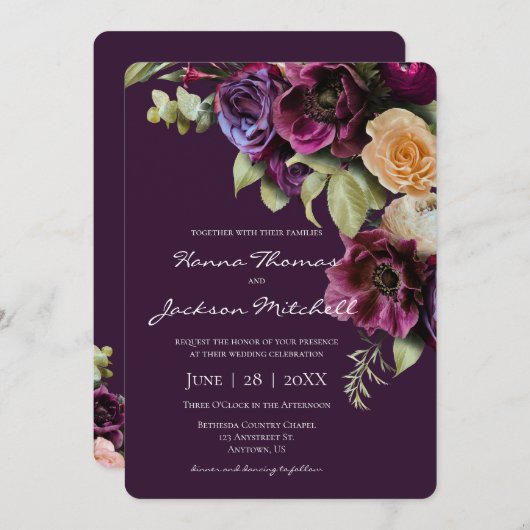 Invitation Purple Moody foncé Élégant Mariage floral (Devant / Derrière)