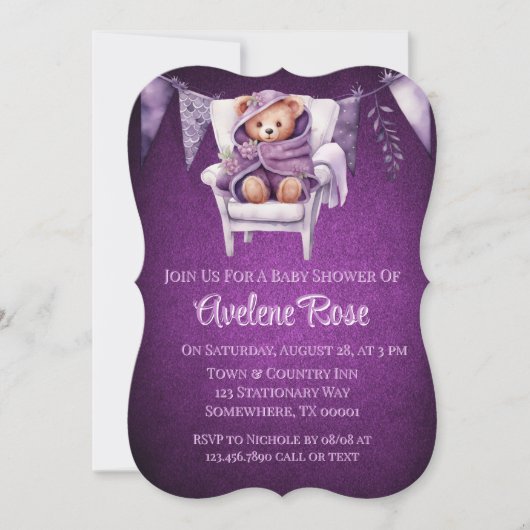 Invitation Purple mou Teddy Ours Fille Baby shower (Devant)