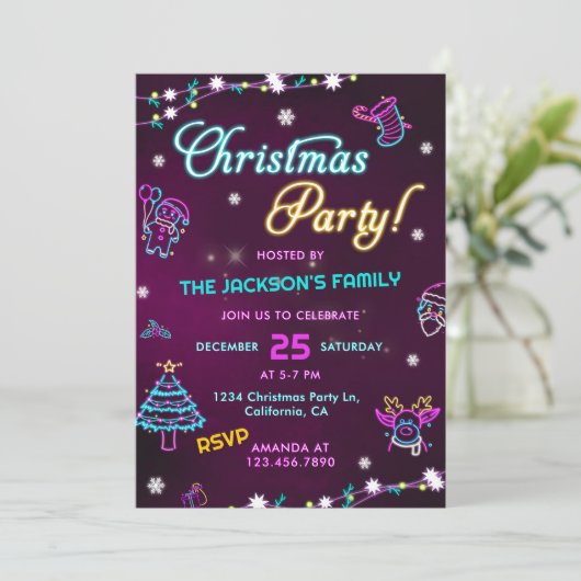 Invitation Purple Neon Fête de Noël moderne (Debout devant)