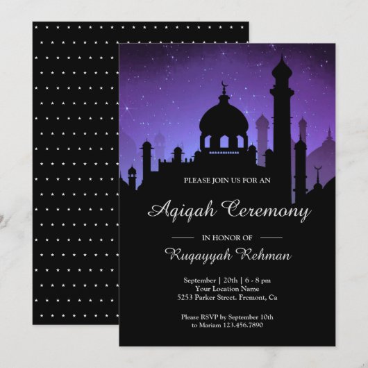 Invitation Purple Night Sky Arabian Nights Aqiqah (Devant / Derrière)