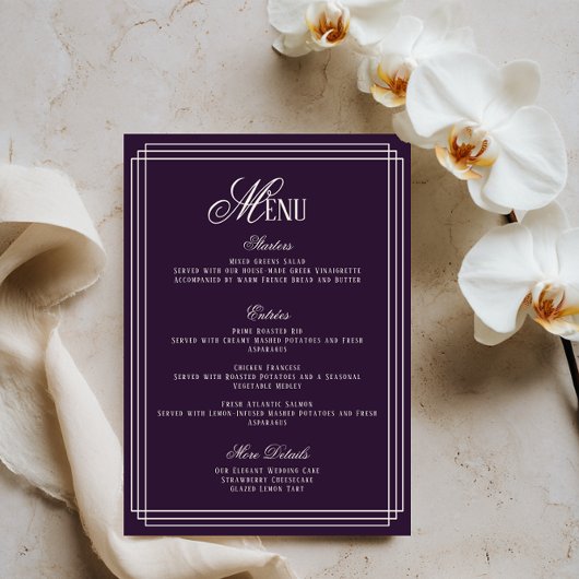 Invitation Purple Old Money Wedding Menu Card