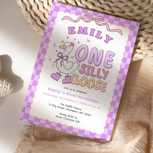 Invitation Purple One Silly Goose-Retro Girl First Birthday