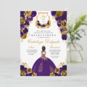 Invitation Purple & Or Floral Elegant Quinceañera (Debout devant)