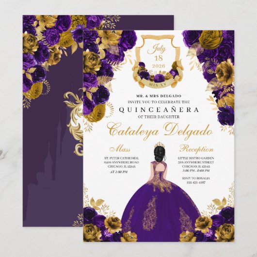 Invitation Purple & Or Floral Elegant Quinceañera (Devant / Derrière)