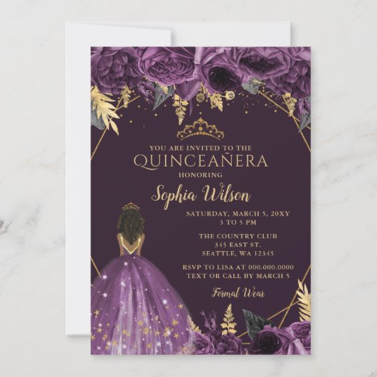 Invitation Purple Or Floral Tan Princess Quinceañera (Devant)